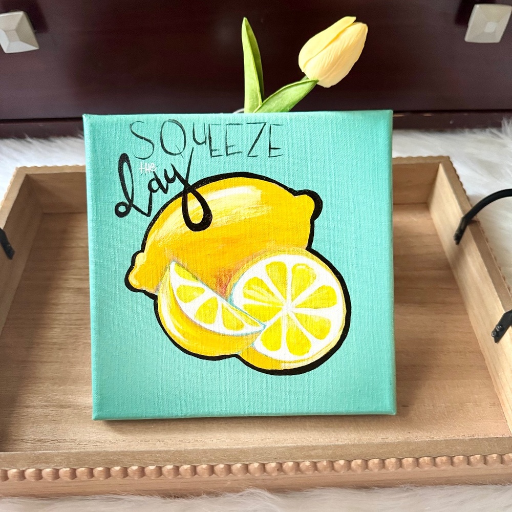 Hand Painted Lemon Canvas Art Squeeze the Day Teal Wall Decor